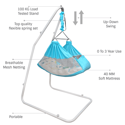 Kidzy King Baby Hammock-Sky Blue with Stand, Spring Set and Mosquito Net | Premium Luxury Baby Cradle for 0-3 Year Baby | Best Gift for New Born