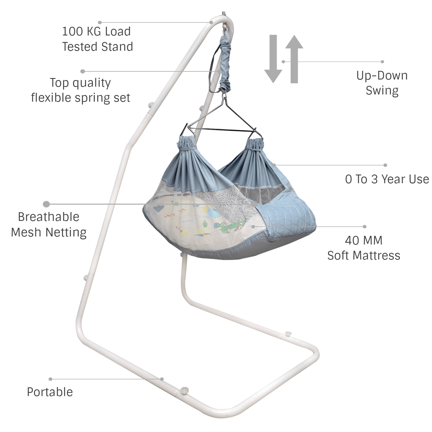 Kidzy King Baby Hammock-Grey with Stand, Spring Set and Mosquito Net | Premium Luxury Baby Cradle for 0-3 Year Baby | Best Gift for New Born
