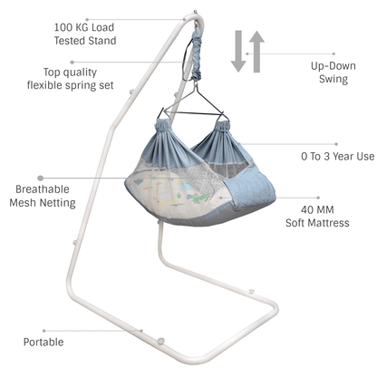Kidzy King Baby Hammock-Grey with Stand, Spring Set and Mosquito Net | Premium Luxury Baby Cradle for 0-3 Year Baby | Best Gift for New Born