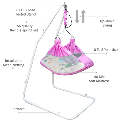 Kidzy King Baby Hammock-Pink with Stand, Spring Set and Mosquito Net | Premium Luxury Baby Cradle for 0-3 Year Baby | Best Gift for New Born